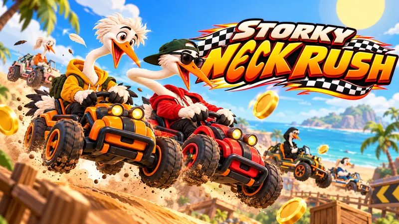 Storky Neck Rush cover art: Rookie and Cool Storky race off-road buggies through a tropical beach track, necks stretched out in the wind
