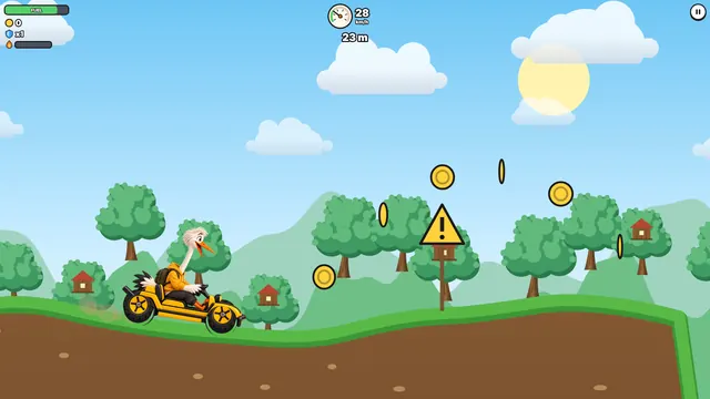 Storky Neck Rush gameplay: Rookie Storky drives a yellow buggy over green rolling hills, collecting coins