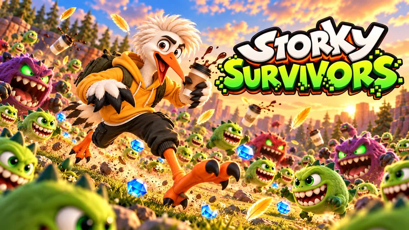 Storky Survivors cover art: Rookie Storky runs through a sunset canyon, coffee in hand, chased by a horde of green and purple Glitchlings