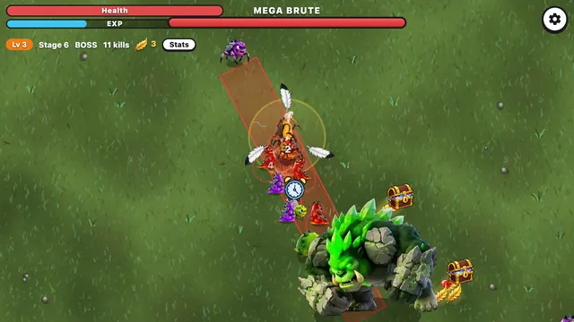 Storky Survivors gameplay: a Storky fights a boss and a swarm of monsters in a forest clearing